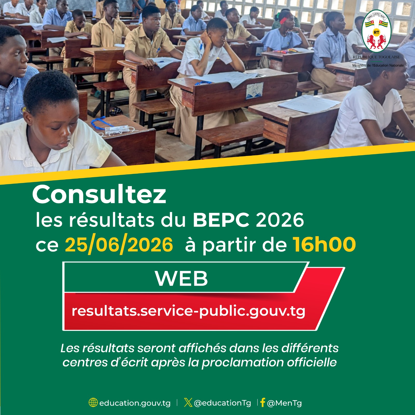 Les candidats à l'examen du BEPC 2026 au Togo connaîtront leur sort ce jeudi 25 juin à partir de 16h. Pour cet examen, comme pour le Bac 1 cette année, le ministère de l'Education nationale met à disposition des candidats, plusieurs canaux de consultation des résultats 