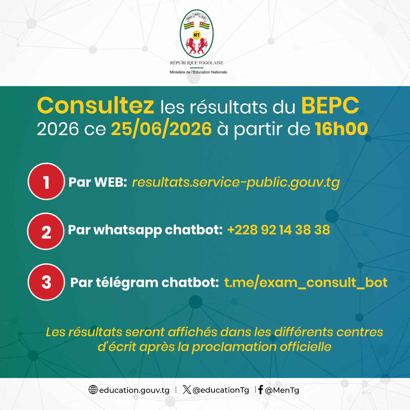 Les candidats à l'examen du BEPC 2026 au Togo connaîtront leur sort ce jeudi 25 juin à partir de 16h. Pour cet examen, comme pour le Bac 1 cette année, le ministère de l'Education nationale met à disposition des candidats, plusieurs canaux de consultation des résultats